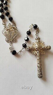 Antique Solid Silver Rosary with Jet Beads