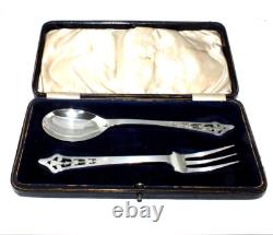 Antique Solid Silver Spoon and Fork Presentation Set in a Fitted Case