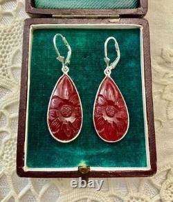 Antique Solid Silver Teardrop Earrings with Carved Carnelian