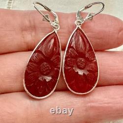 Antique Solid Silver Teardrop Earrings with Carved Carnelian