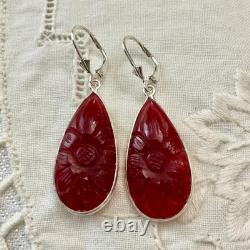 Antique Solid Silver Teardrop Earrings with Carved Carnelian