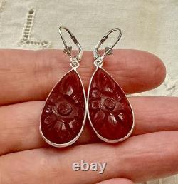 Antique Solid Silver Teardrop Earrings with Carved Carnelian