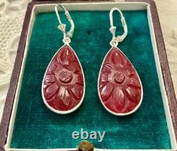 Antique Solid Silver Teardrop Earrings with Carved Carnelian