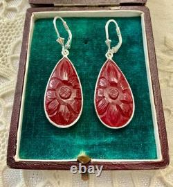 Antique Solid Silver Teardrop Earrings with Carved Carnelian