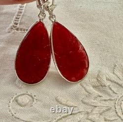 Antique Solid Silver Teardrop Earrings with Carved Carnelian