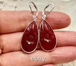 Antique Solid Silver Teardrop Earrings with Carved Carnelian