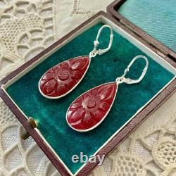 Antique Solid Silver Teardrop Earrings with Carved Carnelian