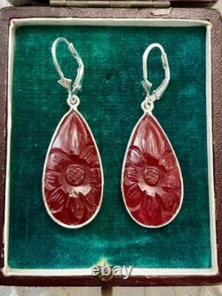 Antique Solid Silver Teardrop Earrings with Carved Carnelian