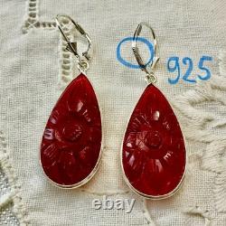 Antique Solid Silver Teardrop Earrings with Carved Carnelian