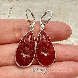 Antique Solid Silver Teardrop Earrings with Carved Carnelian