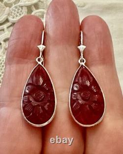 Antique Solid Silver Teardrop Earrings with Carved Carnelian