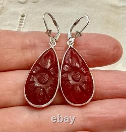 Antique Solid Silver Teardrop Earrings with Carved Carnelian