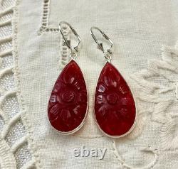 Antique Solid Silver Teardrop Earrings with Carved Carnelian