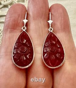 Antique Solid Silver Teardrop Earrings with Carved Carnelian