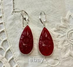 Antique Solid Silver Teardrop Earrings with Carved Carnelian