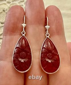 Antique Solid Silver Teardrop Earrings with Carved Carnelian