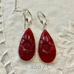 Antique Solid Silver Teardrop Earrings with Carved Carnelian