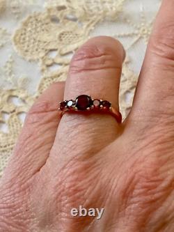 Antique Solid Silver and Rose Gold Ring with 5 Genuine Garnets Hallmark