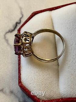 Antique Sterling Silver Openwork Ring with Beautiful Natural Amethyst Size 56
