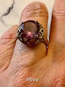 Antique Sterling Silver Openwork Ring with Beautiful Natural Amethyst Size 56