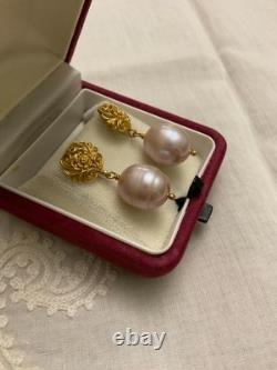 Antique Sterling Silver Vermeil Earrings with a Huge Pink Pearl