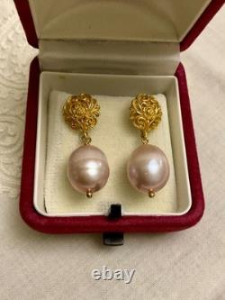 Antique Sterling Silver Vermeil Earrings with a Huge Pink Pearl