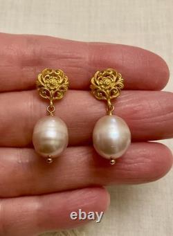 Antique Sterling Silver Vermeil Earrings with a Huge Pink Pearl