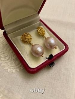 Antique Sterling Silver Vermeil Earrings with a Huge Pink Pearl