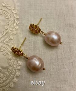 Antique Sterling Silver Vermeil Earrings with a Huge Pink Pearl