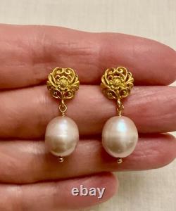 Antique Sterling Silver Vermeil Earrings with a Huge Pink Pearl