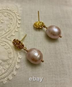 Antique Sterling Silver Vermeil Earrings with a Huge Pink Pearl