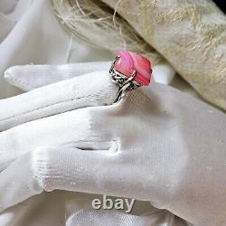Antique Style Ring Artisan Openwork Basket Silver 925 Hallmark Rose Agate Size 59