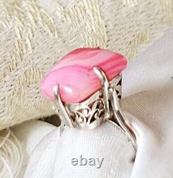 Antique Style Ring Artisan Openwork Basket Silver 925 Hallmark Rose Agate Size 59