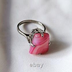 Antique Style Ring Artisan Openwork Basket Silver 925 Hallmark Rose Agate Size 59