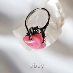 Antique Style Ring Artisan Openwork Basket Silver 925 Hallmark Rose Agate Size 59