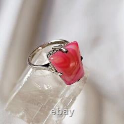 Antique Style Ring Artisan Openwork Basket Silver 925 Hallmark Rose Agate Size 59