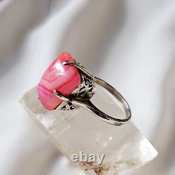 Antique Style Ring Artisan Openwork Basket Silver 925 Hallmark Rose Agate Size 59