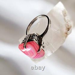 Antique Style Ring Artisan Openwork Basket Silver 925 Hallmark Rose Agate Size 59