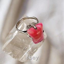 Antique Style Ring Artisan Openwork Basket Silver 925 Hallmark Rose Agate Size 59