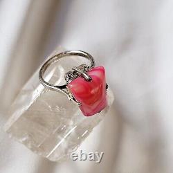 Antique Style Ring Artisan Openwork Basket Silver 925 Hallmark Rose Agate Size 59
