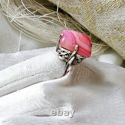 Antique Style Ring Artisan Openwork Basket Silver 925 Hallmark Rose Agate Size 59