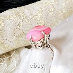 Antique Style Ring Artisan Openwork Basket Silver 925 Hallmark Rose Agate Size 59