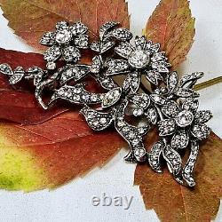 Antique Style Silver Brooch with Vermeil Flowers and Rhinestones 72x35mm