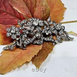 Antique Style Silver Brooch with Vermeil Flowers and Rhinestones 72x35mm