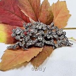 Antique Style Silver Brooch with Vermeil Flowers and Rhinestones 72x35mm