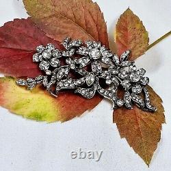 Antique Style Silver Brooch with Vermeil Flowers and Rhinestones 72x35mm