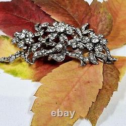 Antique Style Silver Brooch with Vermeil Flowers and Rhinestones 72x35mm