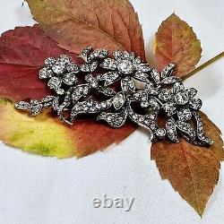 Antique Style Silver Brooch with Vermeil Flowers and Rhinestones 72x35mm