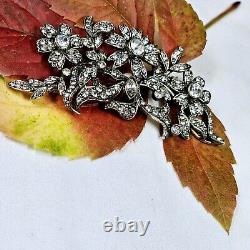 Antique Style Silver Brooch with Vermeil Flowers and Rhinestones 72x35mm