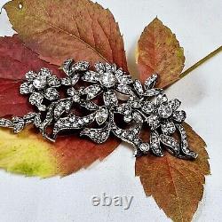 Antique Style Silver Brooch with Vermeil Flowers and Rhinestones 72x35mm